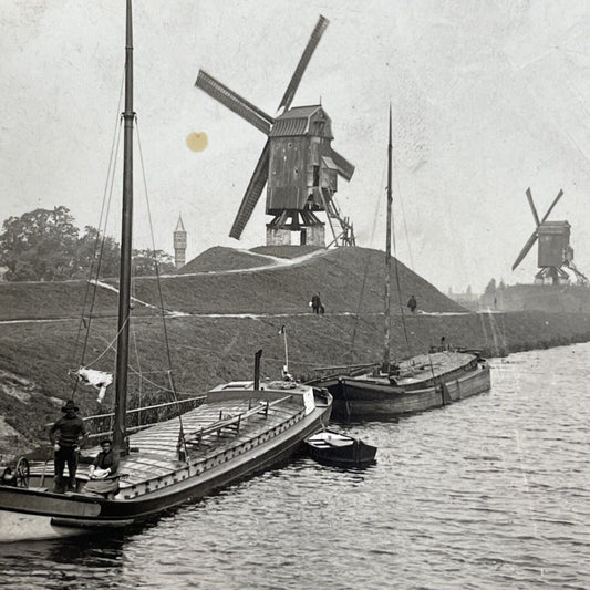 Antique 1909 Windmills In Bruges Flanders Belgium Stereoview Photo Card P988