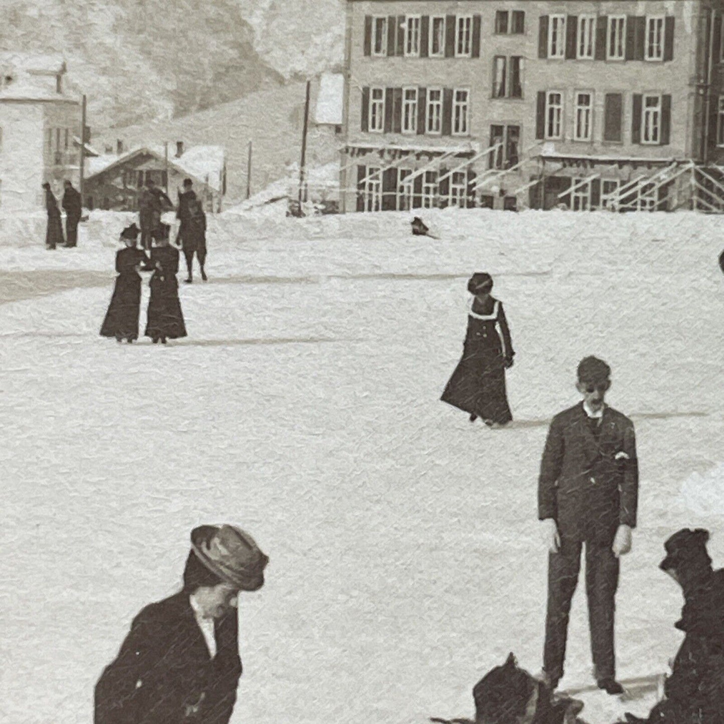 Antique 1901 Skating Rink Grindelwald Switzerland Stereoview Photo Card P3906