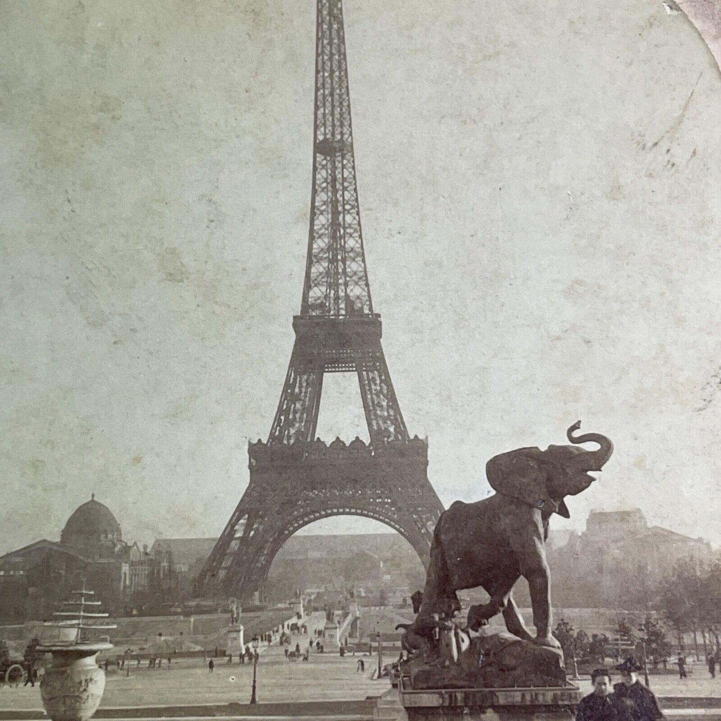 Eiffel Tower And Elephant Statue Stereoview Griffith Antique c1898 X1513