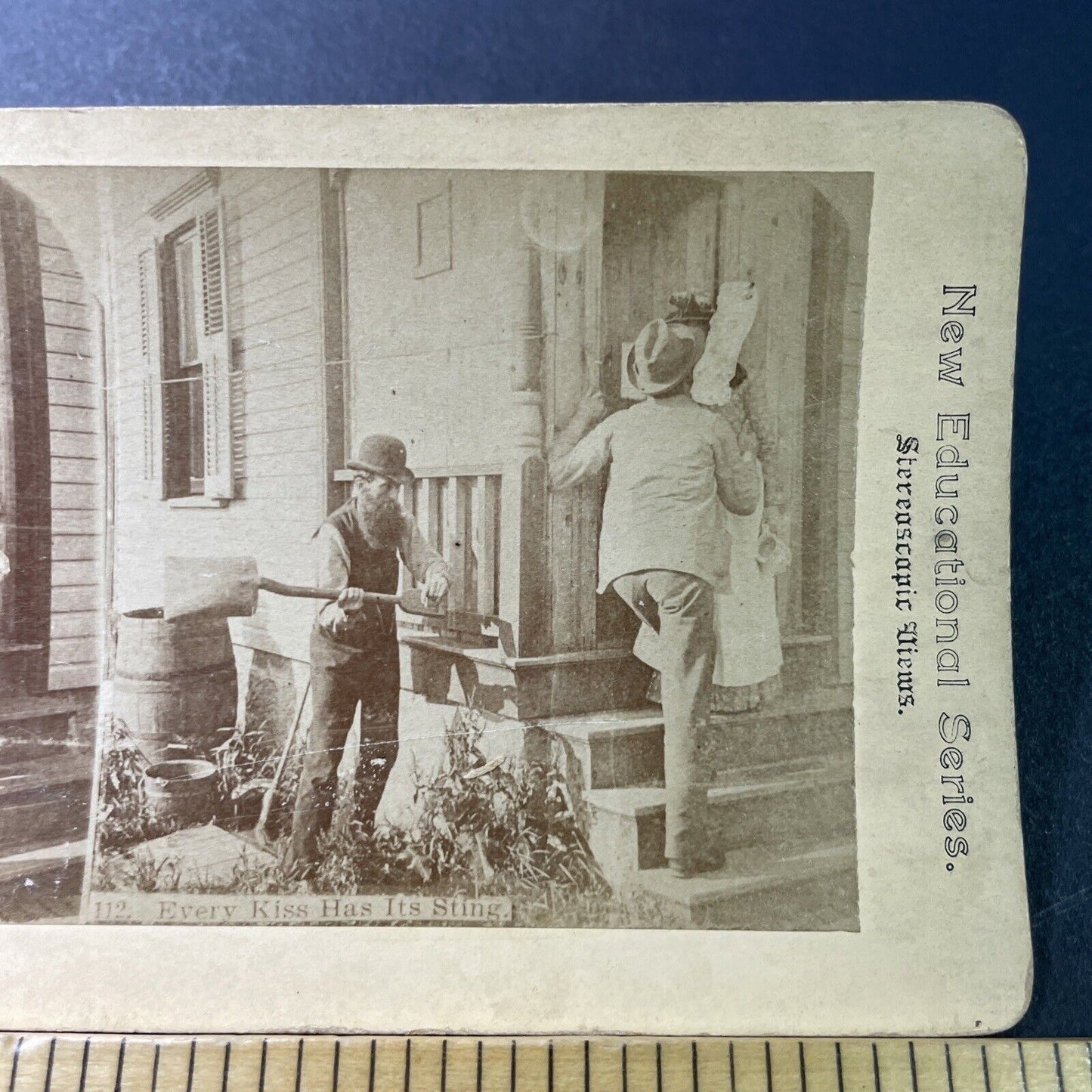 Antique 1870s Man Beats Friend For Kissing Daughter Stereoview Photo Card P3385