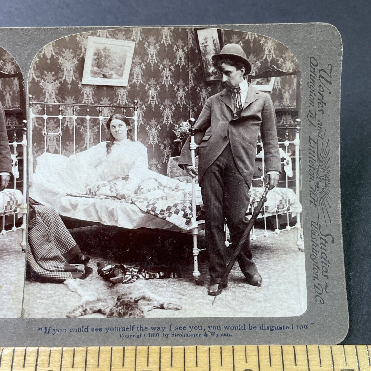 Antique 1897 Drunk Man Stumbles Home To Wife Stereoview Photo Card P2835