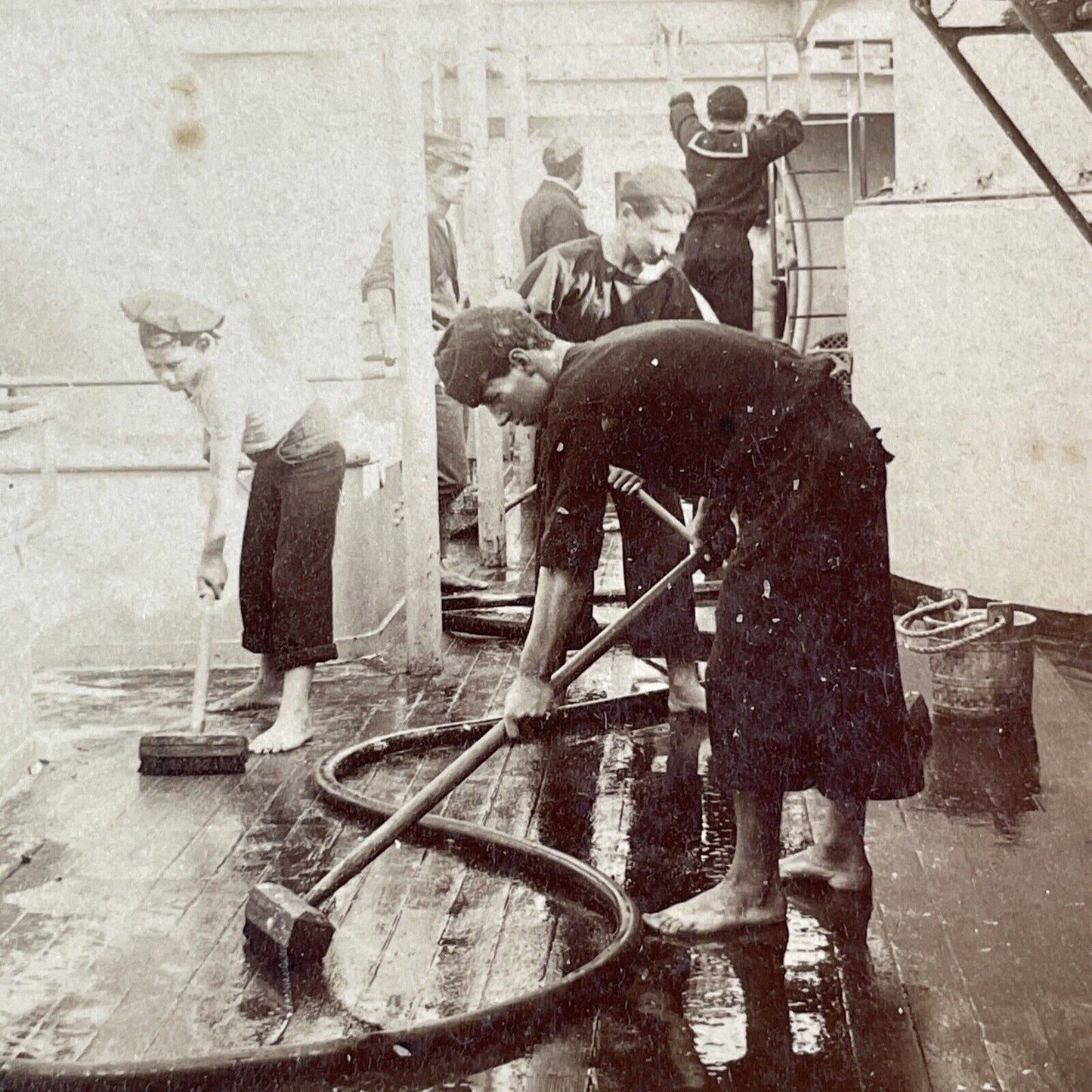 Teens Scrubbing The Deck Of USS Brooklyn Ship Stereoview Antique c1899 X3838