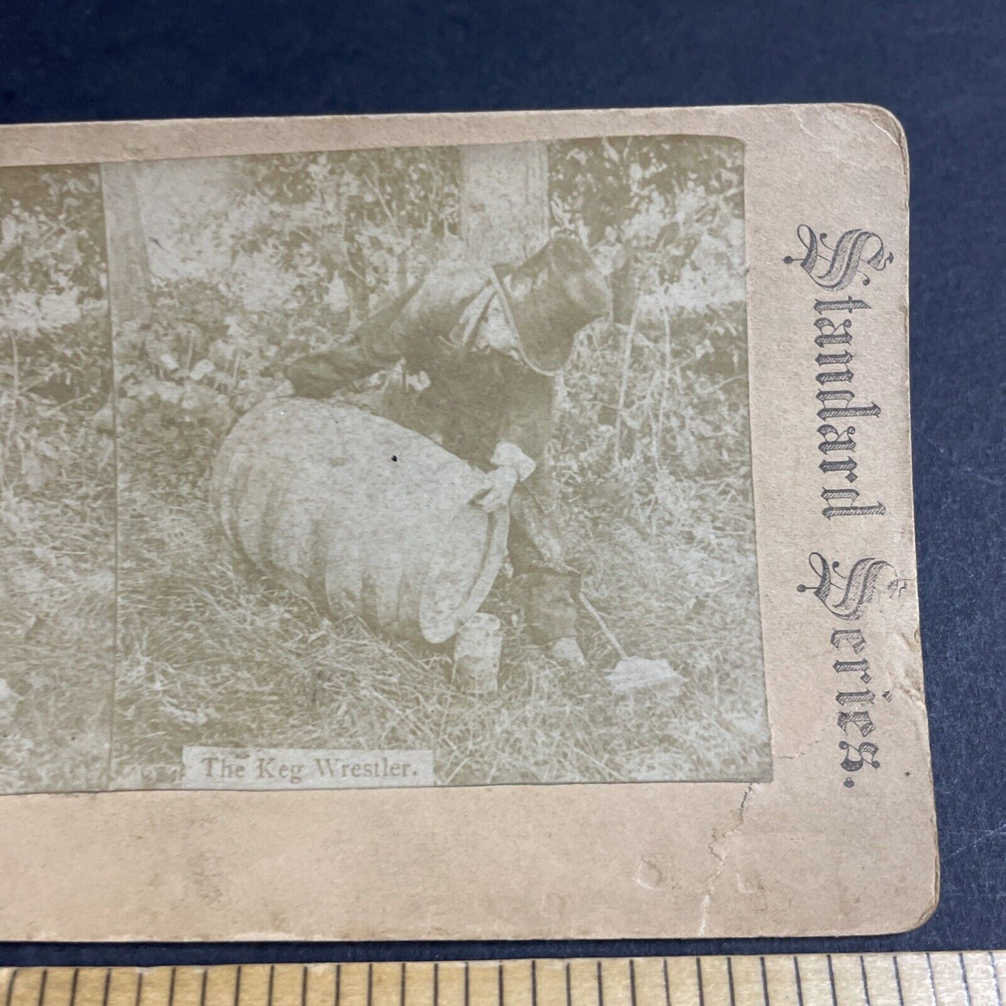 Antique 1870s Man Pours Rum Keg Into A Glass Mug Stereoview Photo Card P4715