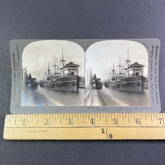 Norwegian Diesel Ship The Annam Stereoview Panama Antique c1915 Y2830