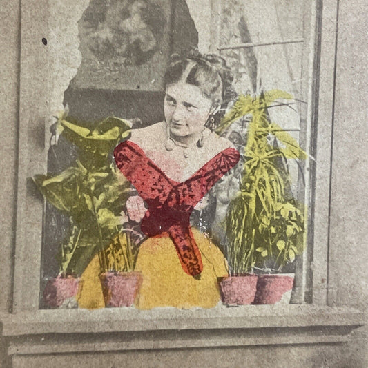 Antique 1850s Woman Awaits Her Lover At Window Stereoview Photo Card P4759