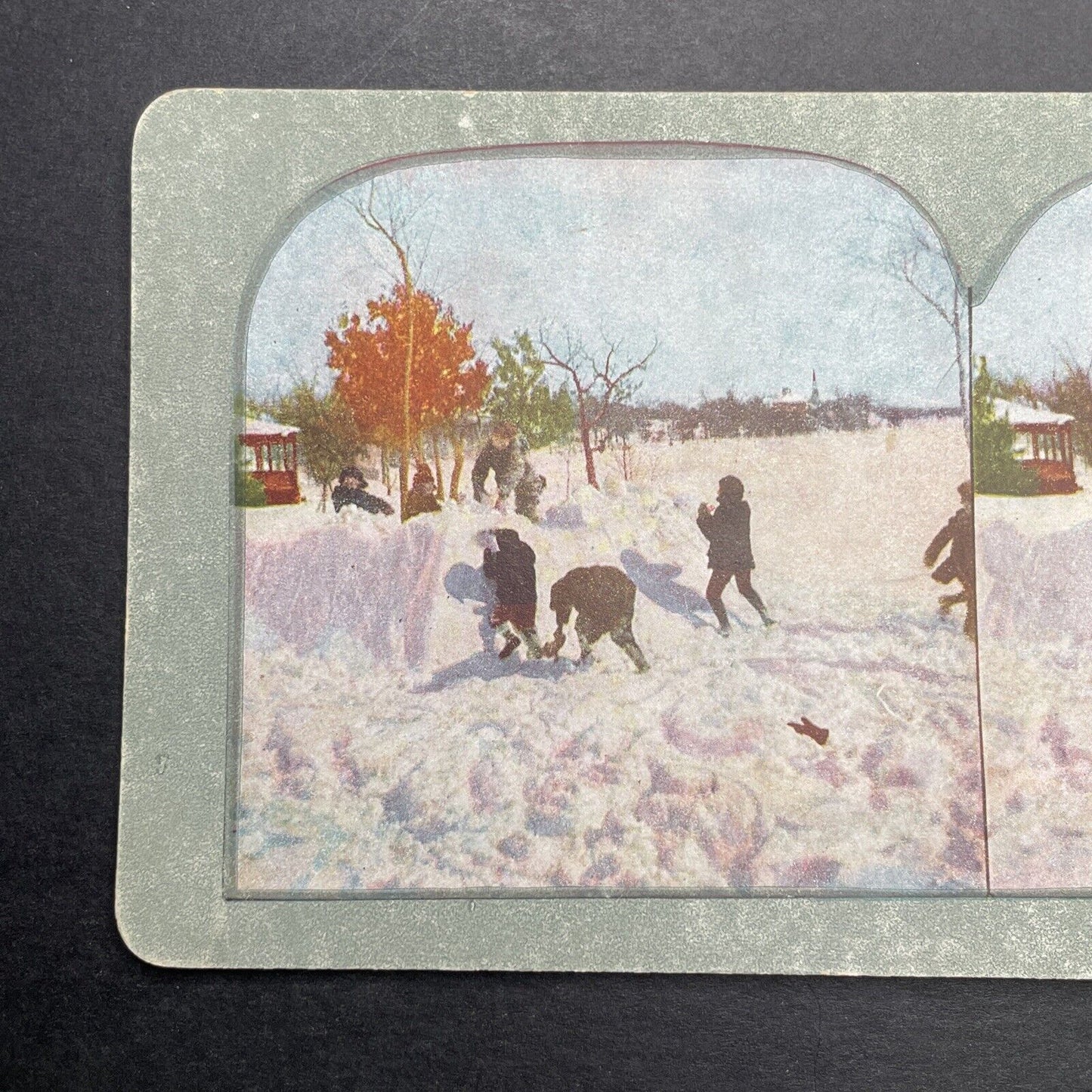 Antique 1892 Children Have A Snowball Fight Stereoview Photo Card P1224