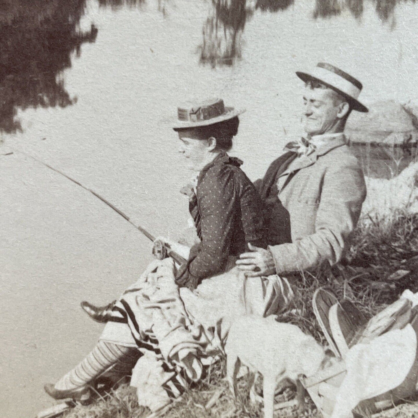 Antique 1890s Man Pulls Womans Dress While Fishing Stereoview Photo Card P3995