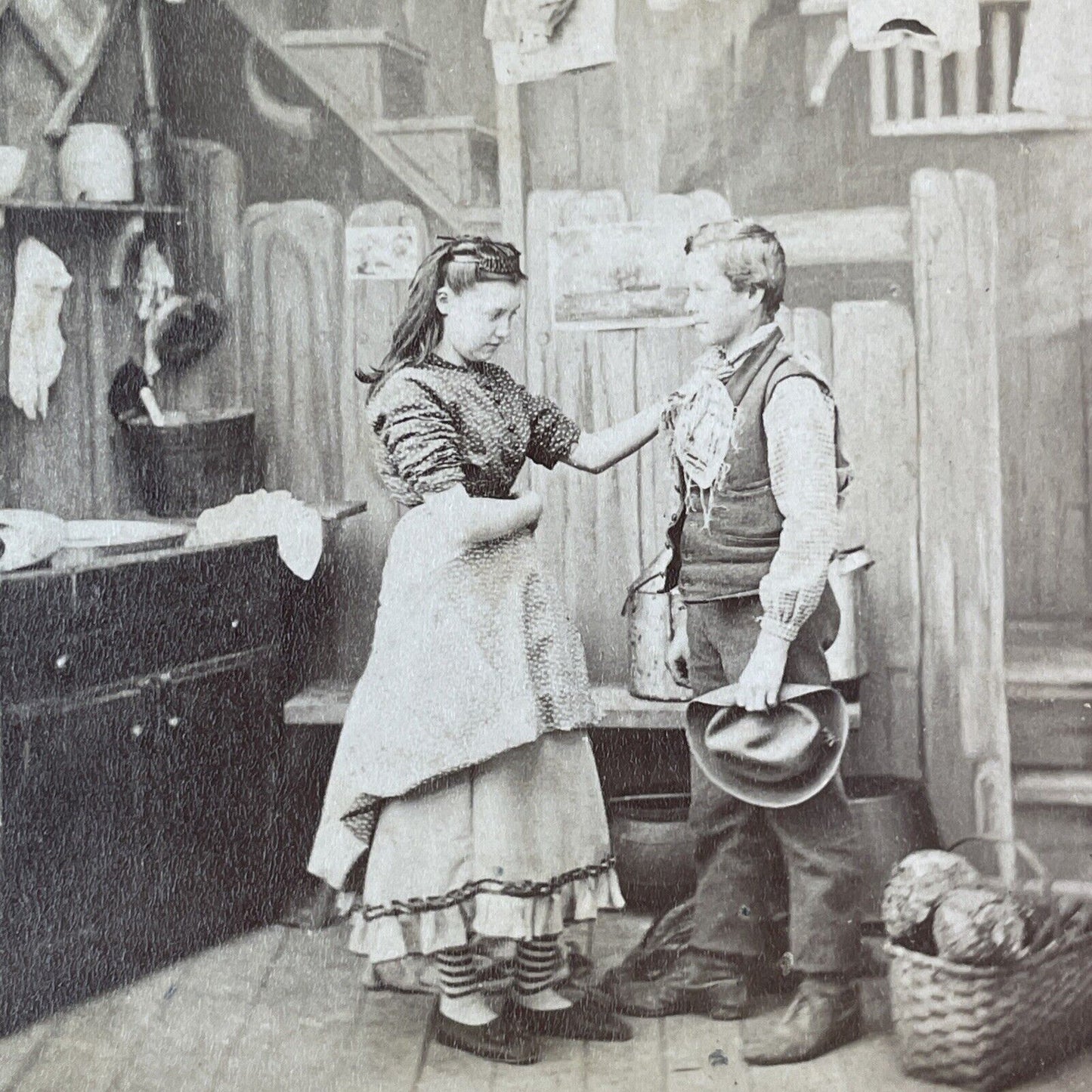 Young Woman Washes Mud off Young Man's Shirt Stereoview Antique c1872 Y1313