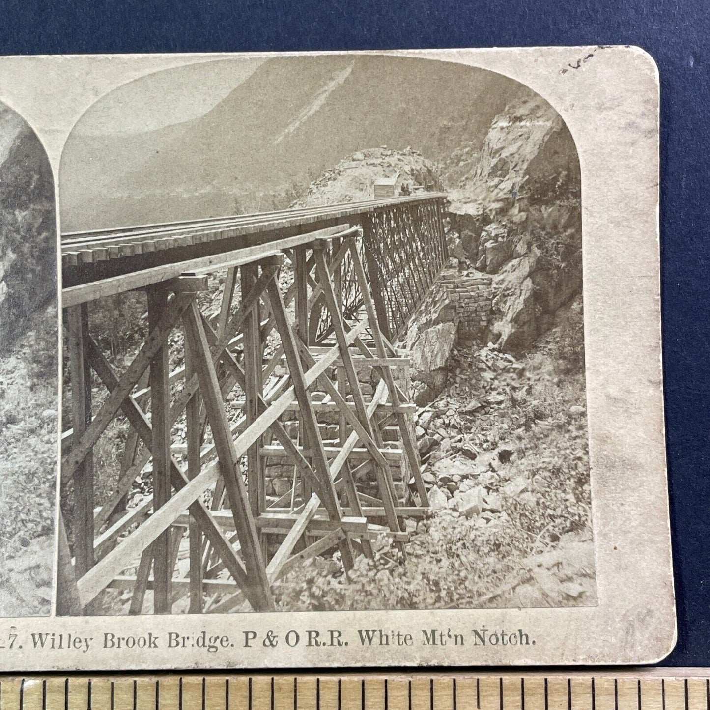 P&O Railroad Train Willey Brook Trestle NH Stereoview Photo Antique c1875 X1007