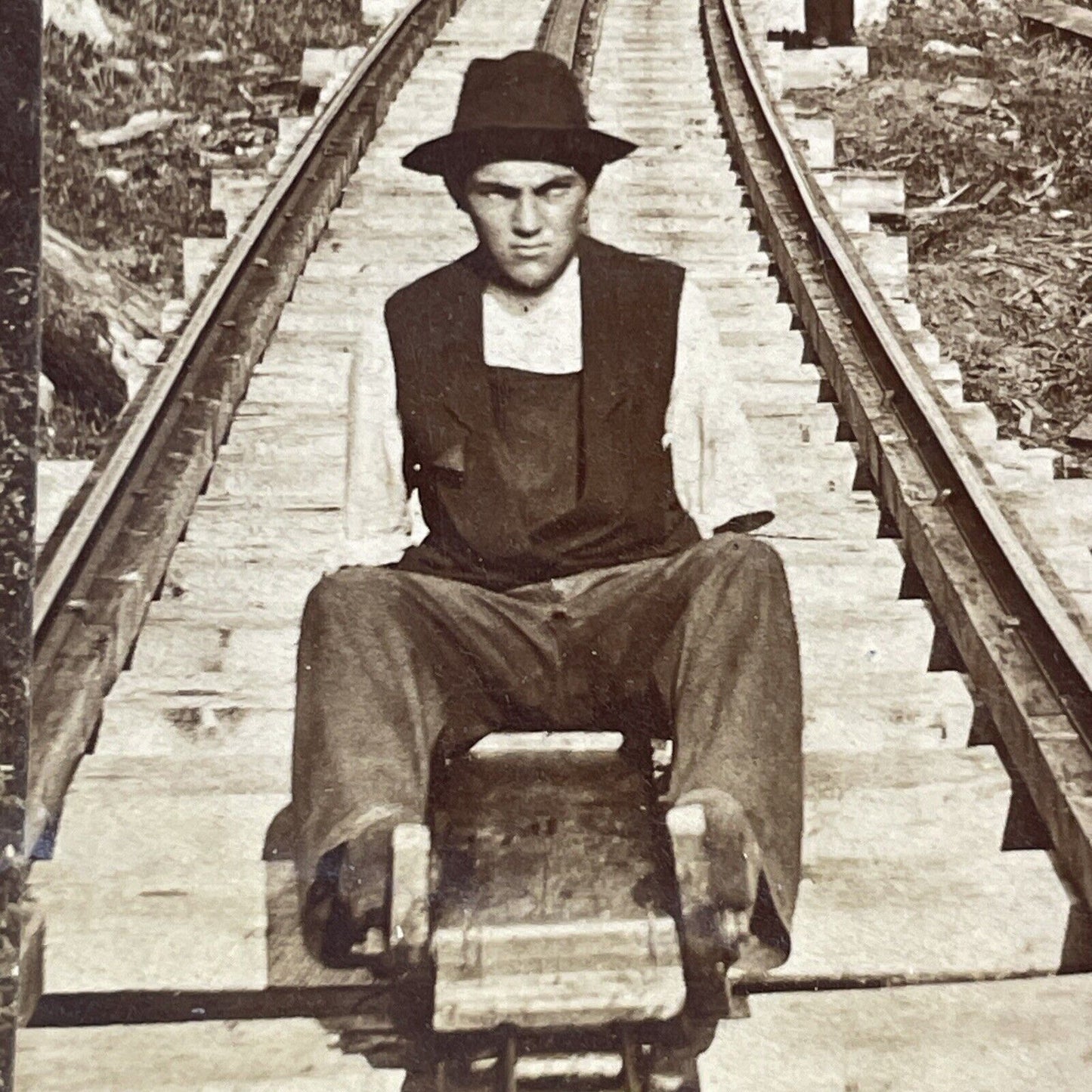 Railroad Worker Missing an Arm Stereoview Mt Washington Railway c1870s Y1477