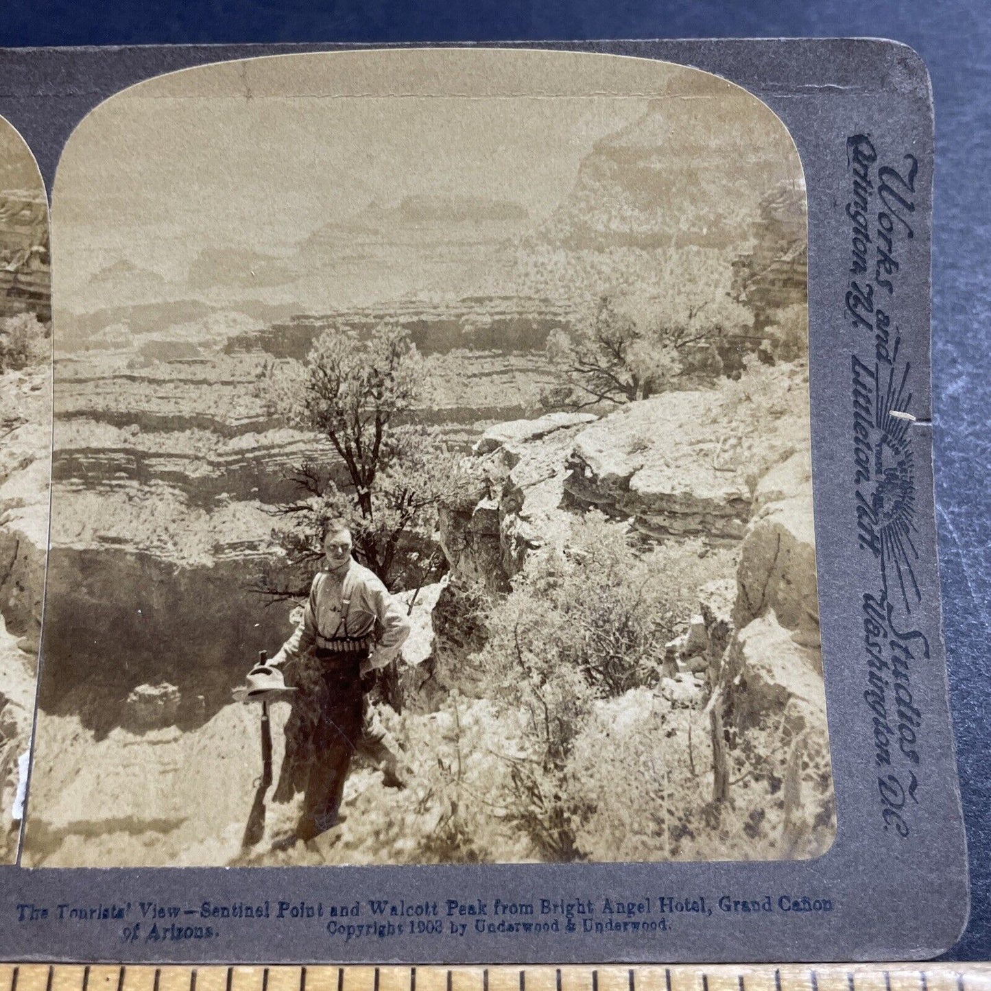 Antique 1902 Gunman Cowboy Grand Canyon Arizona Stereoview Photo Card P5049