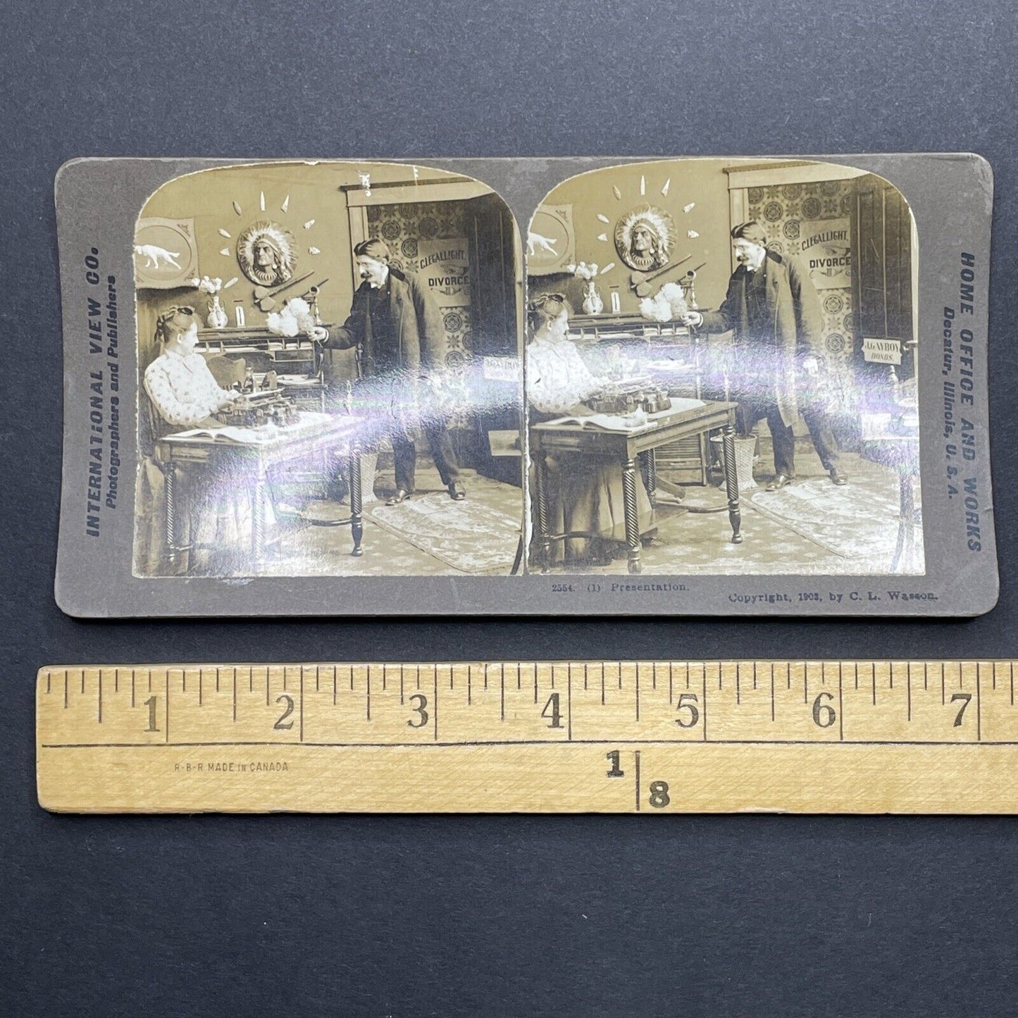 Antique 1903 Man Flirts With His Office Secretary Stereoview Photo Card P1807