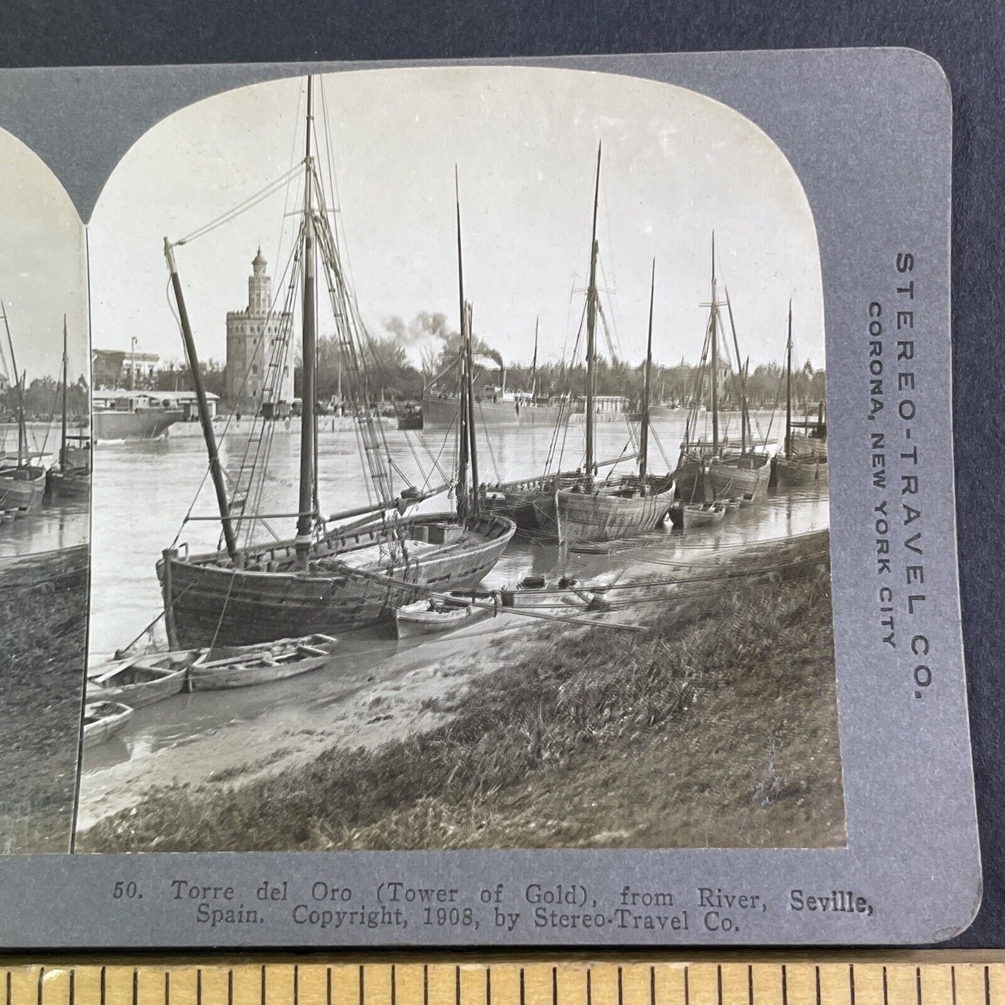 Tower of Gold Seville Spain Stereoview Harbor View Antique c1908 X4212