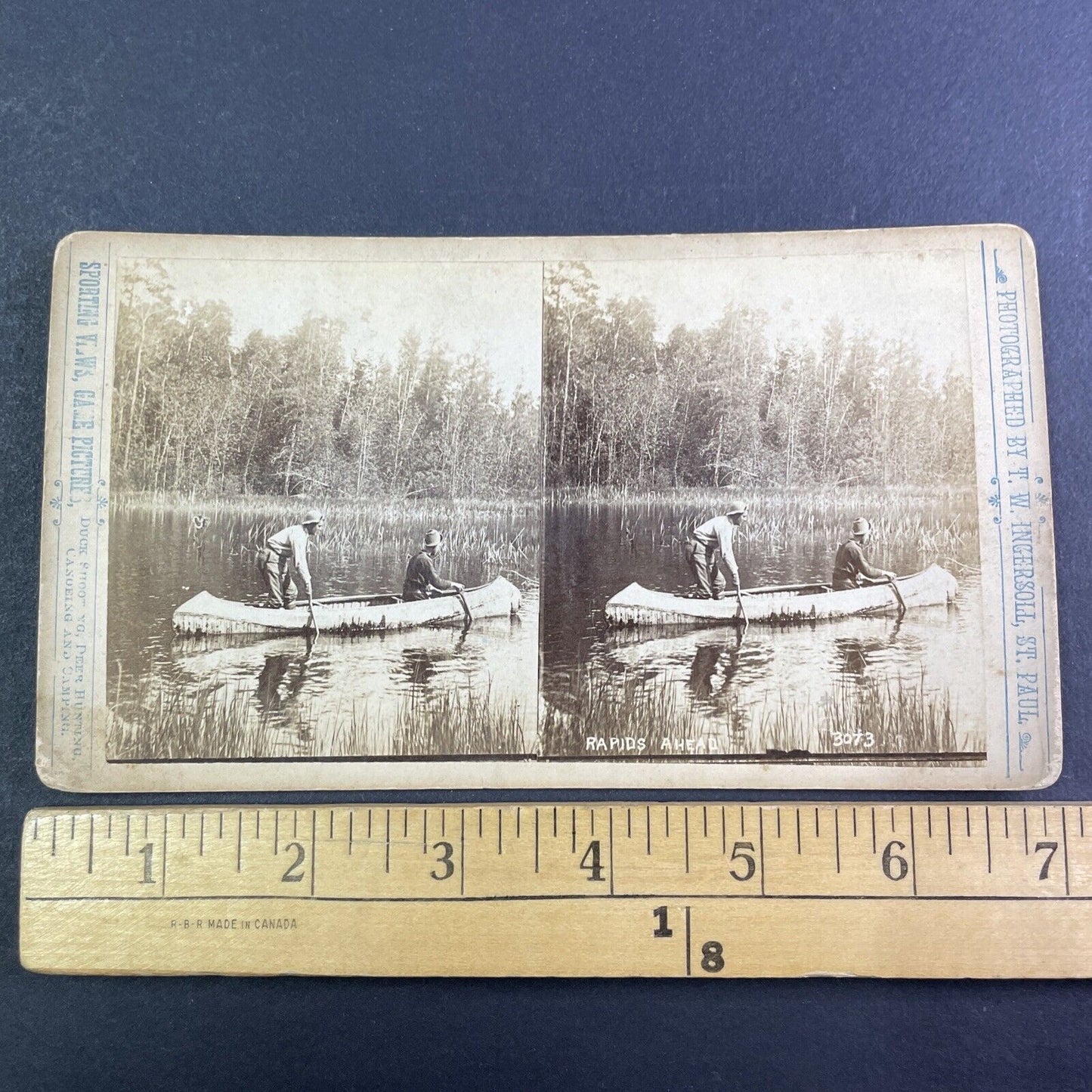 T.W. Ingersoll Self-Portrait in Birch Canoe Stereoview Antique c1888 Y1330