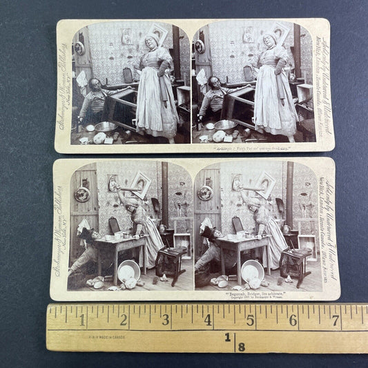 Lot of 2 Woman Beats Man with Rolling Pin Stereoview Series c1897 Y1392