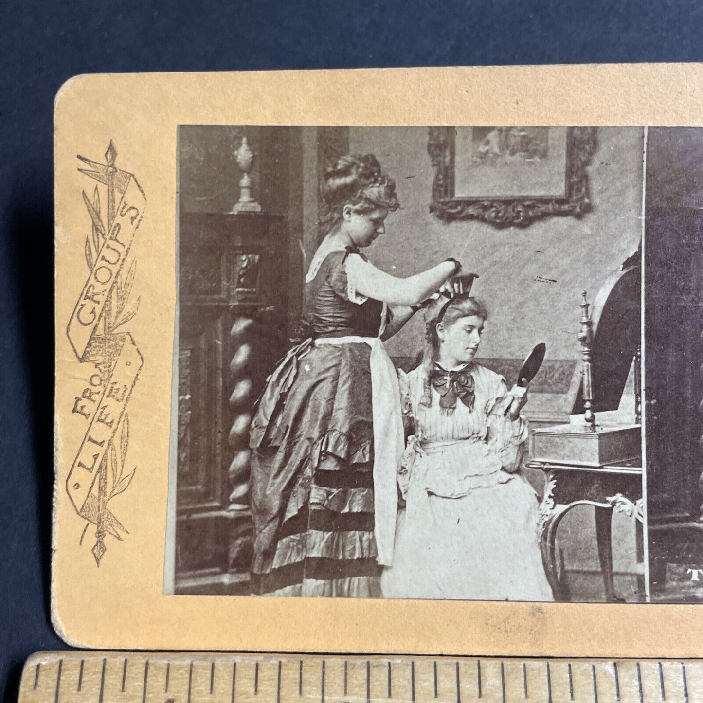 Antique 1870s Hairdresser Fixes Wealthy Womans Hair Stereoview Photo Card P4628