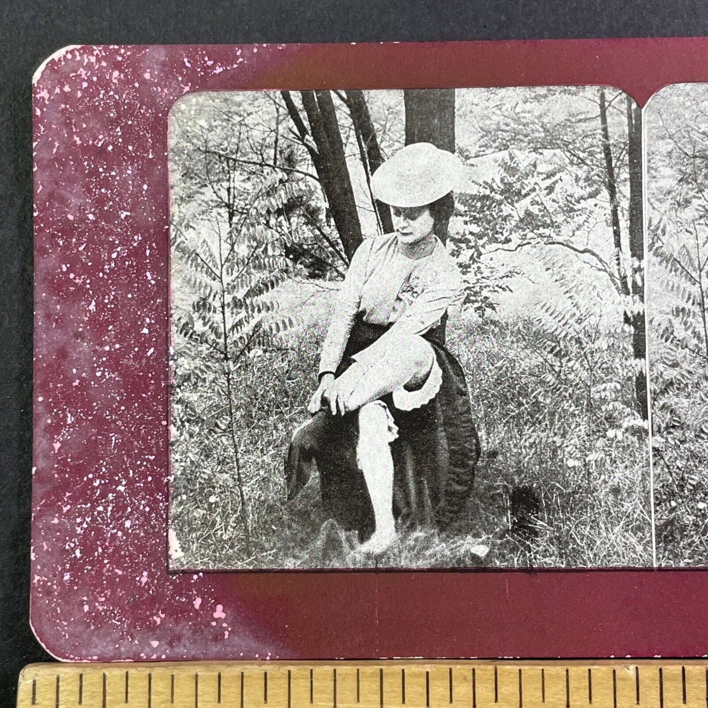 Risque Woman Putting On Her Socks Outside Stereoview Antique c1910 X1905