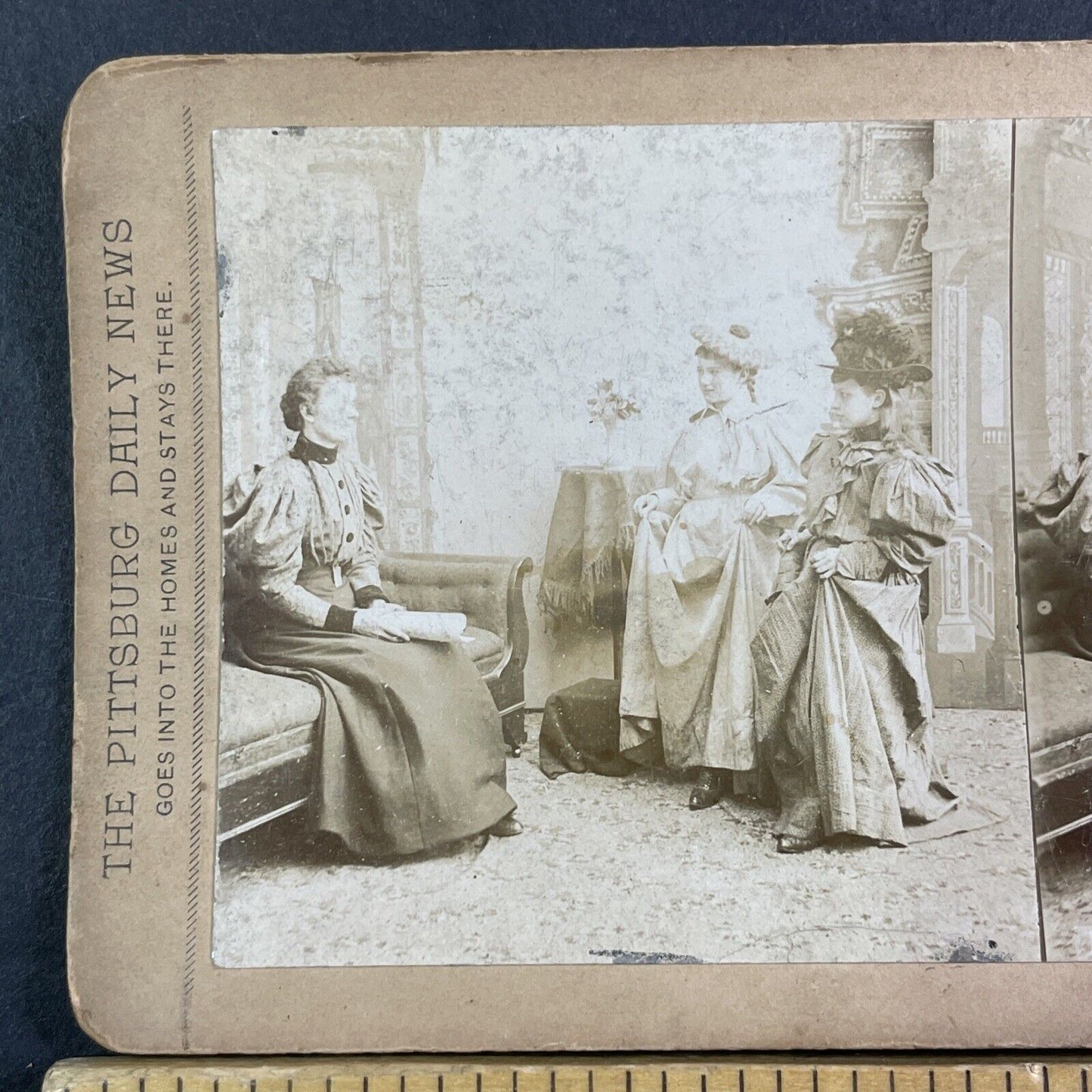 Girls in Formal Victorian Dresses Stereoview Pittsburgh Daily News c1890 Y2259