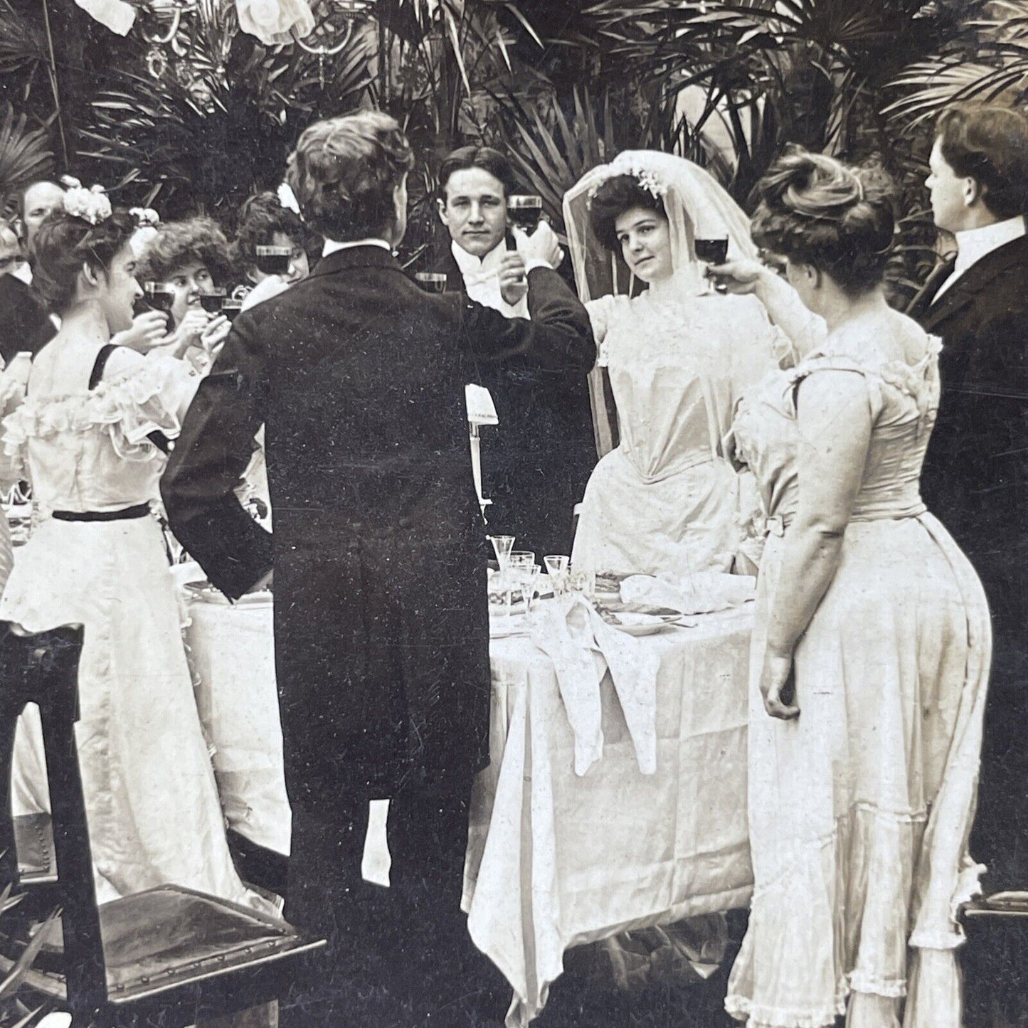 Antique 1902 Wedding Toast To Bride And Groom Stereoview Photo Card P2715