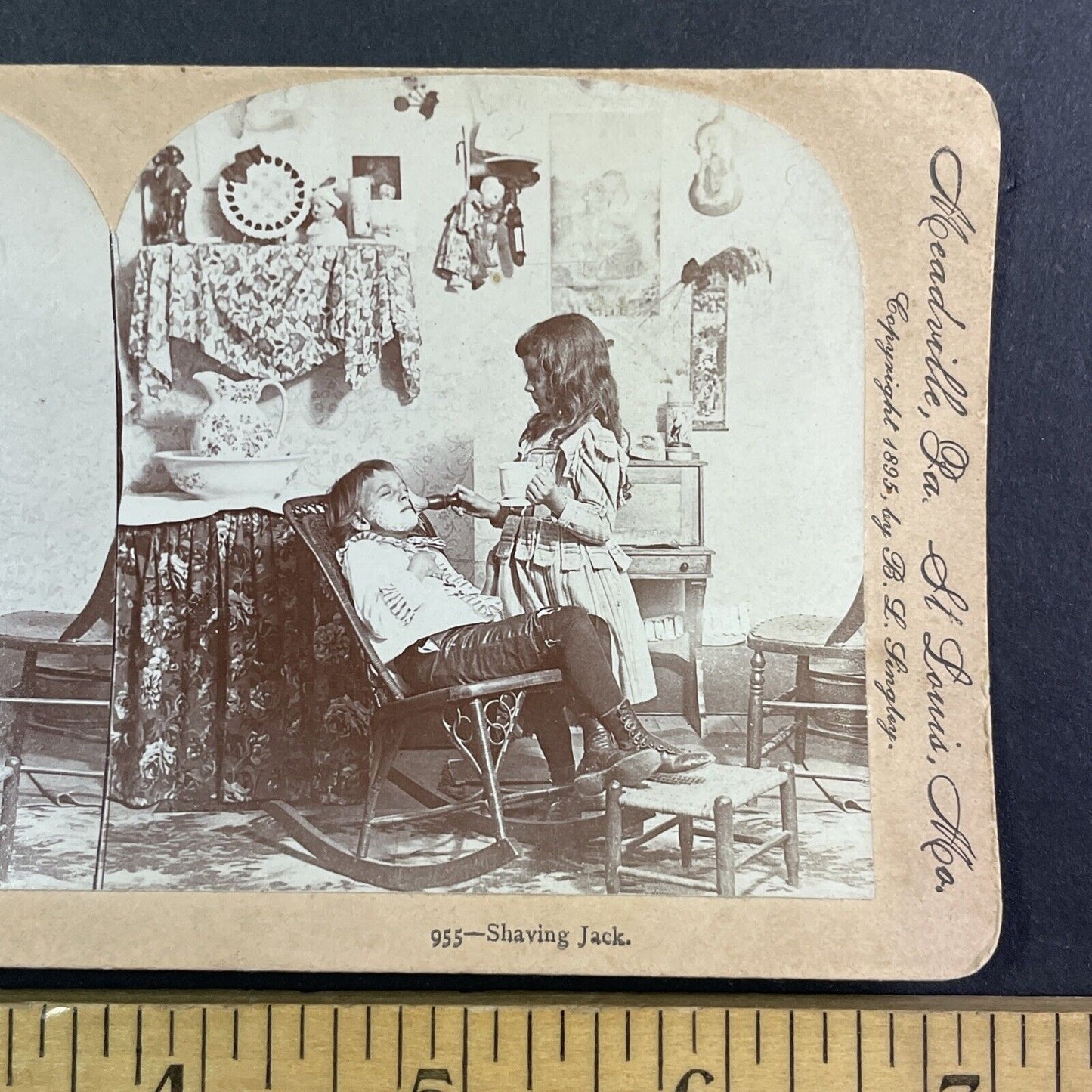 Little Girl Shaving a Little Boy Stereoview B.L. Singley Antique c1895 Y1370