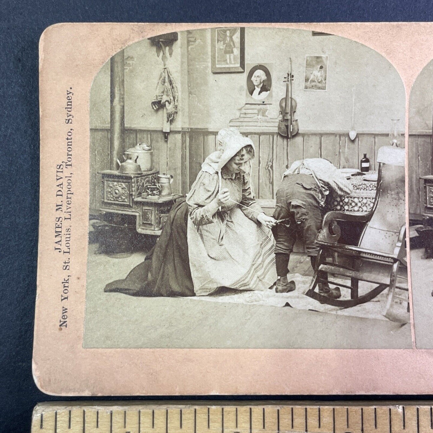 Mother Mends Child's Pants Stereoview B.W. Kilburn Antique c1899 Y1357