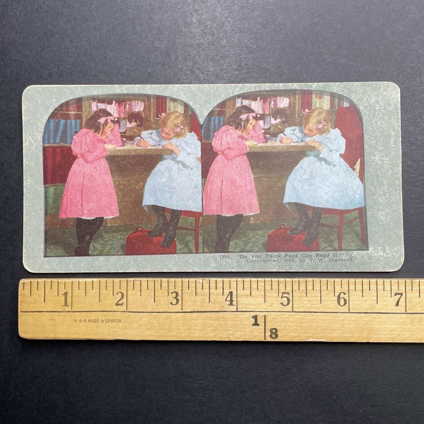 Antique 1898 Children Drawing Art Coloring Writing Stereoview Photo Card P1223