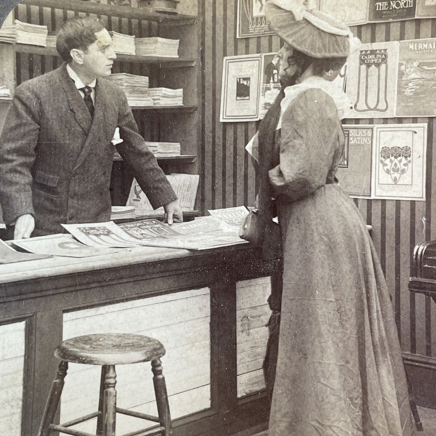 Woman in a Magazine Shop Store Stereoview Newspaper Stand Antique c1905 Y2500