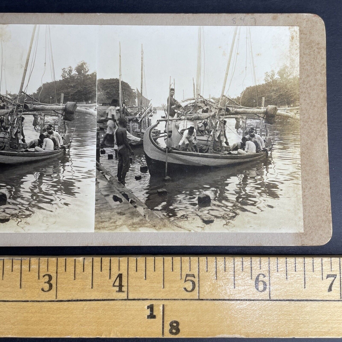 Antique 1880s Jakarta Indonesia Fisherman Fish Market Stereoview Photo Card P952