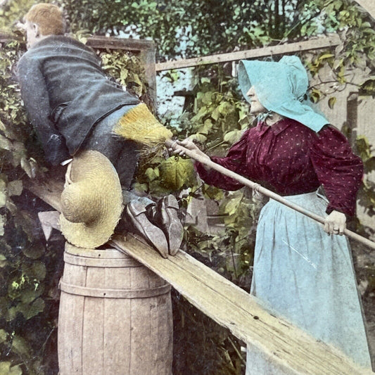 Antique 1870s Quaker Couple Spies On Neighbors Stereoview Photo Card P3386