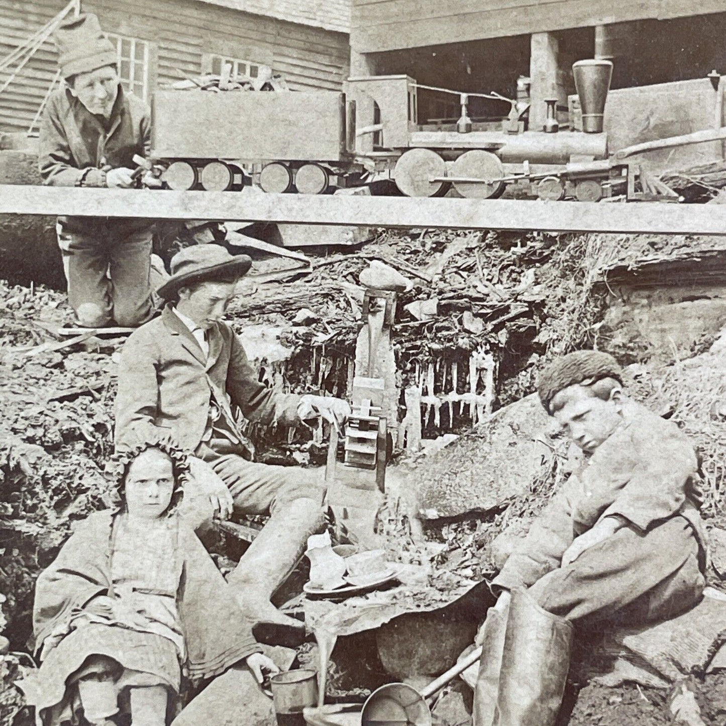 Children Play with Railroad Wood Train Toys Stereoview Antique c1890s X4077