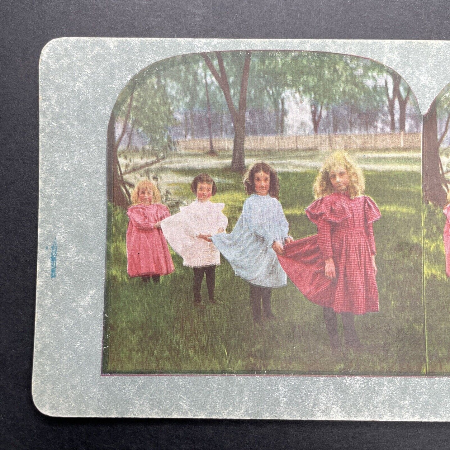 Antique 1900 Young Girls Playing In The Grass Stereoview Photo Card P580-050