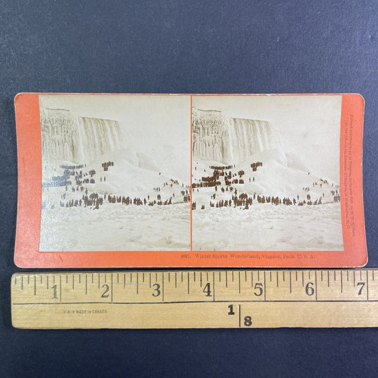 Skiing and Tobogganing Down Niagara Falls Ice Stereoview Antique c1888 X1923