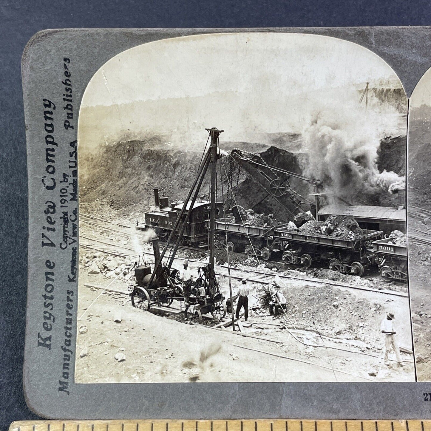 Primitive Steam Construction Excavator Stereoview Antique c1910 Y2813