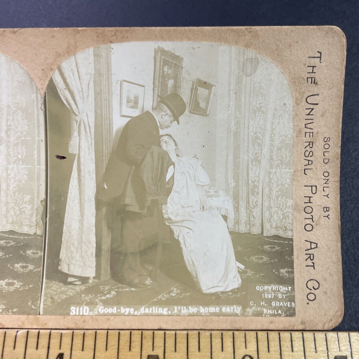 Antique 1897 Business Man Kisses Wife Goodbye Stereoview Photo Card P3422