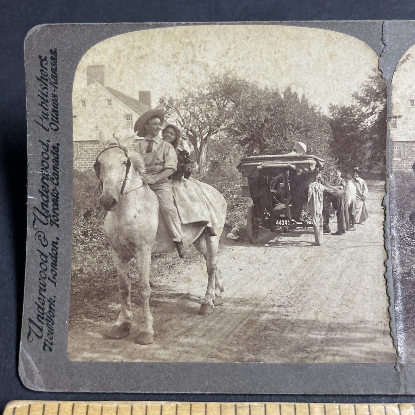 Antique 1907 Cowboy Helps Woman After Car Accident Stereoview Photo Card P4666