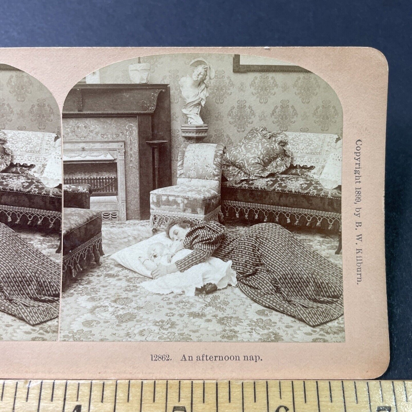 Antique 1899 Mother & Newborn Baby Sleep On Floor Stereoview Photo Card P3011