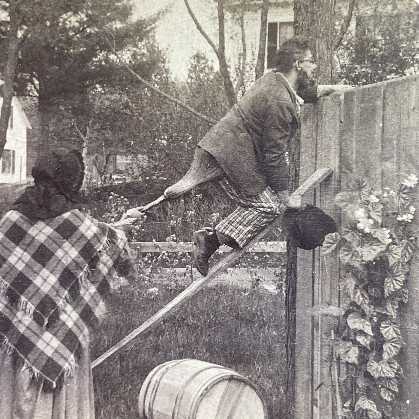 Antique 1891 Man & Woman Climb Over Fence Stereoview Photo Card P4083