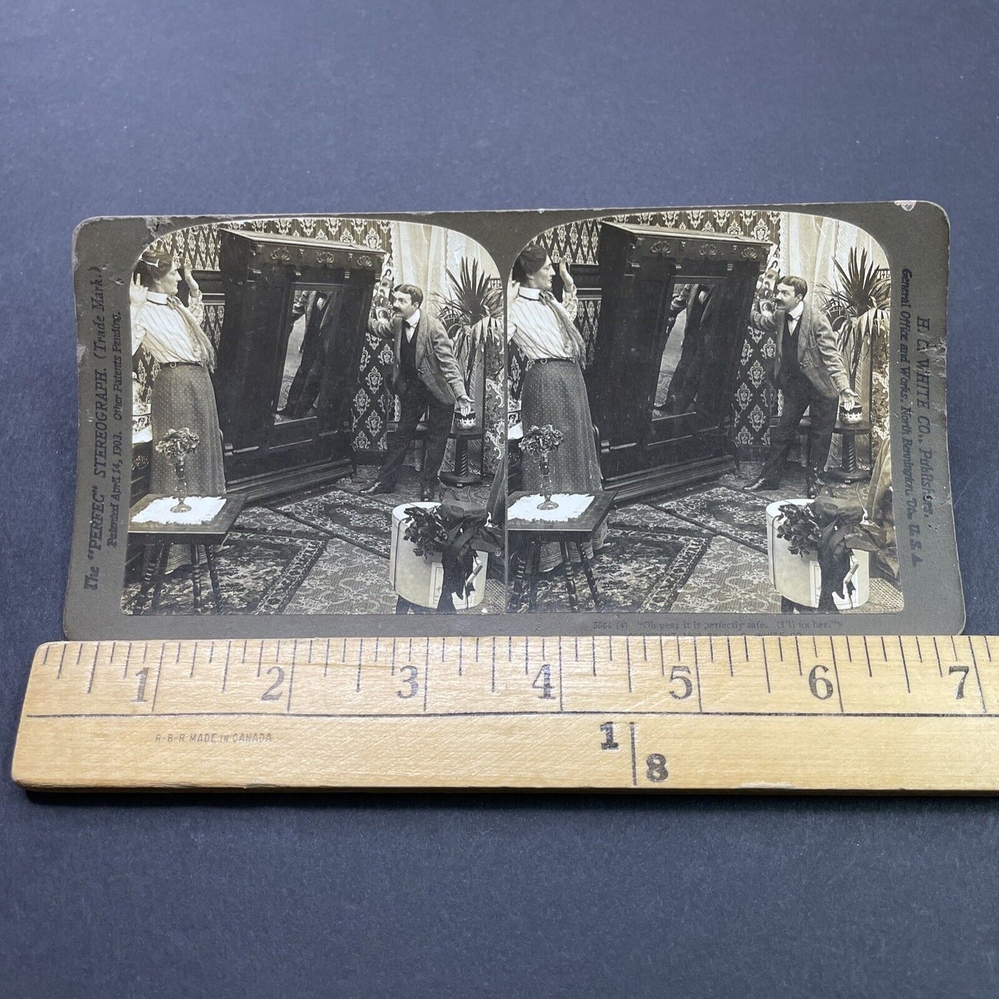 Antique 1903 Man Tips Armoire During Argument Stereoview Photo Card P2699