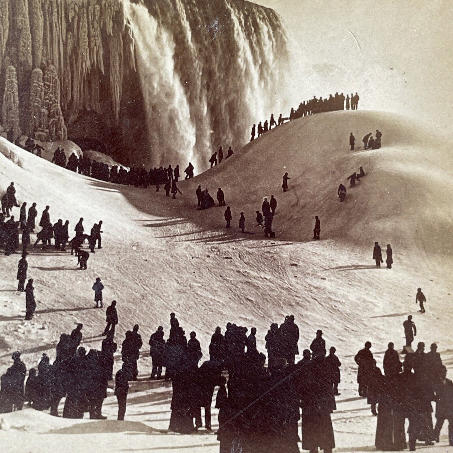 Sledding and Skiing at Base of Niagara Falls Stereoview Antique c1898 Y1869