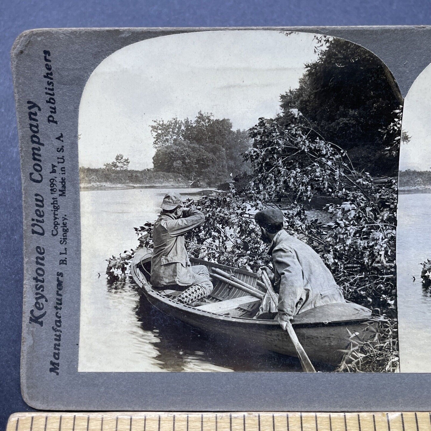 Antique 1899 Moose Hunting In Alaska From Canoe Stereoview Photo Card P2620