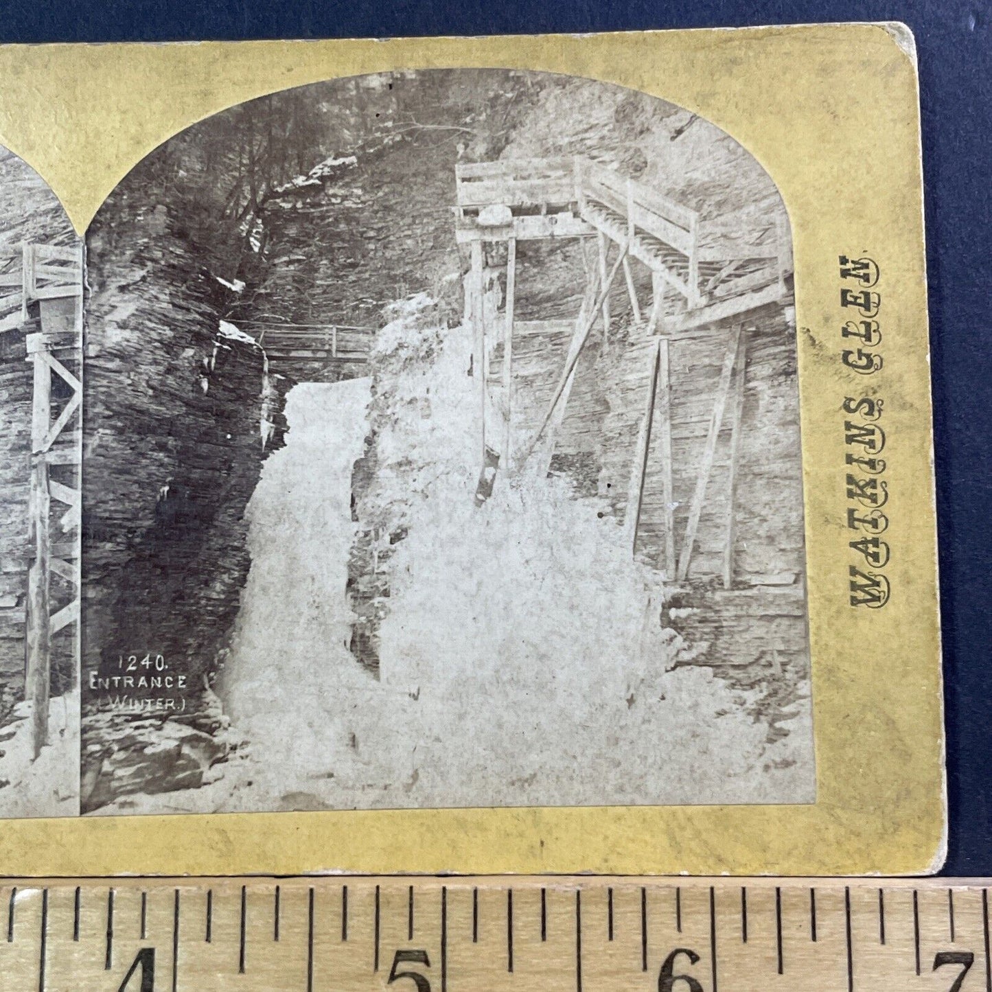 Winter Boardwalk Damage Stereoview Watkins Glen NY Photo Card Antique c1872 X990