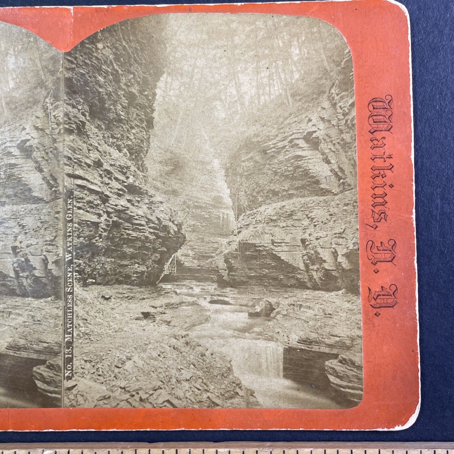 Watkins Glen Gorge Waterfall New York Stereoview R.D. Crum Antique c1870s Y1743