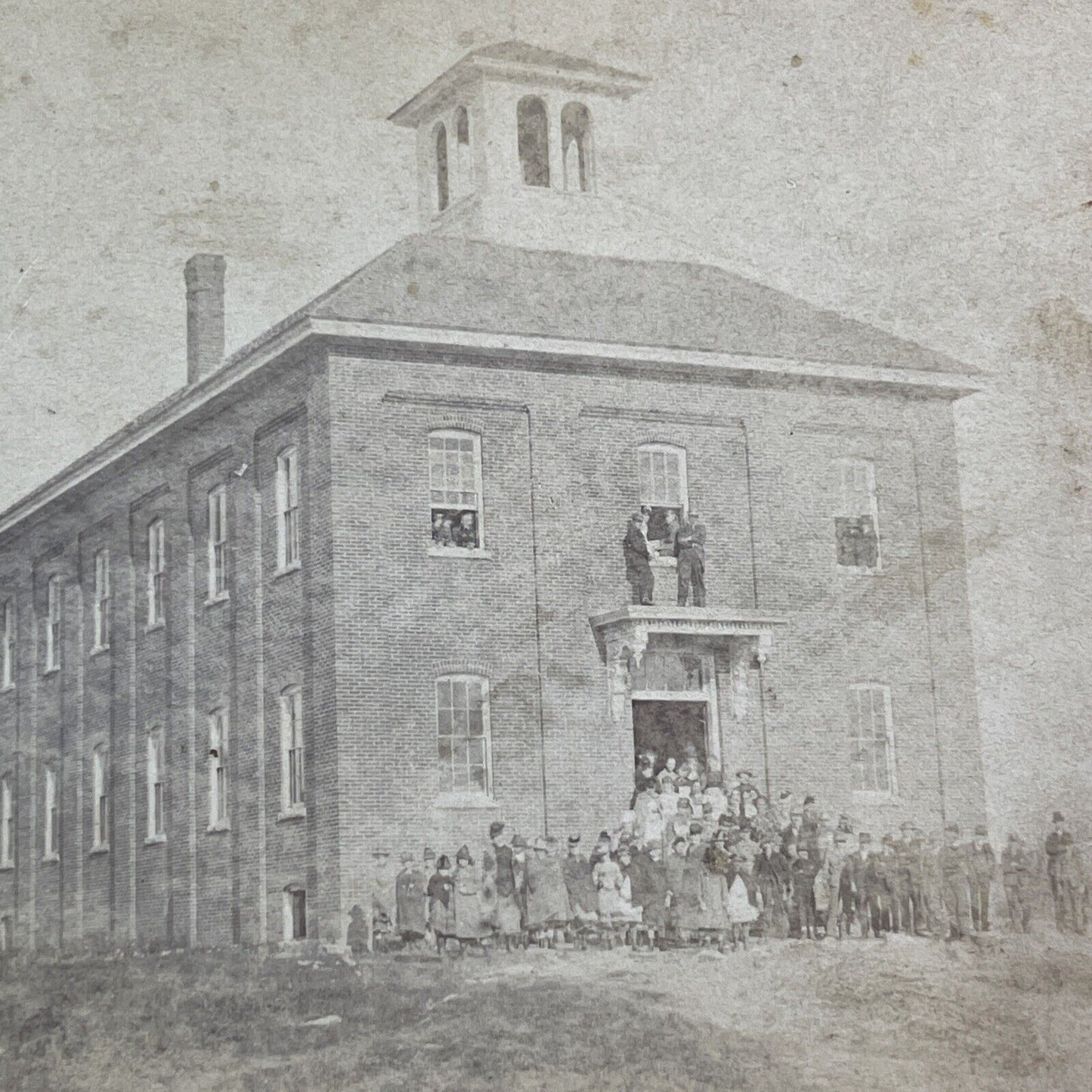 Schoolhouse with Children Stereoview Unknown Location Antique c1869 X4053