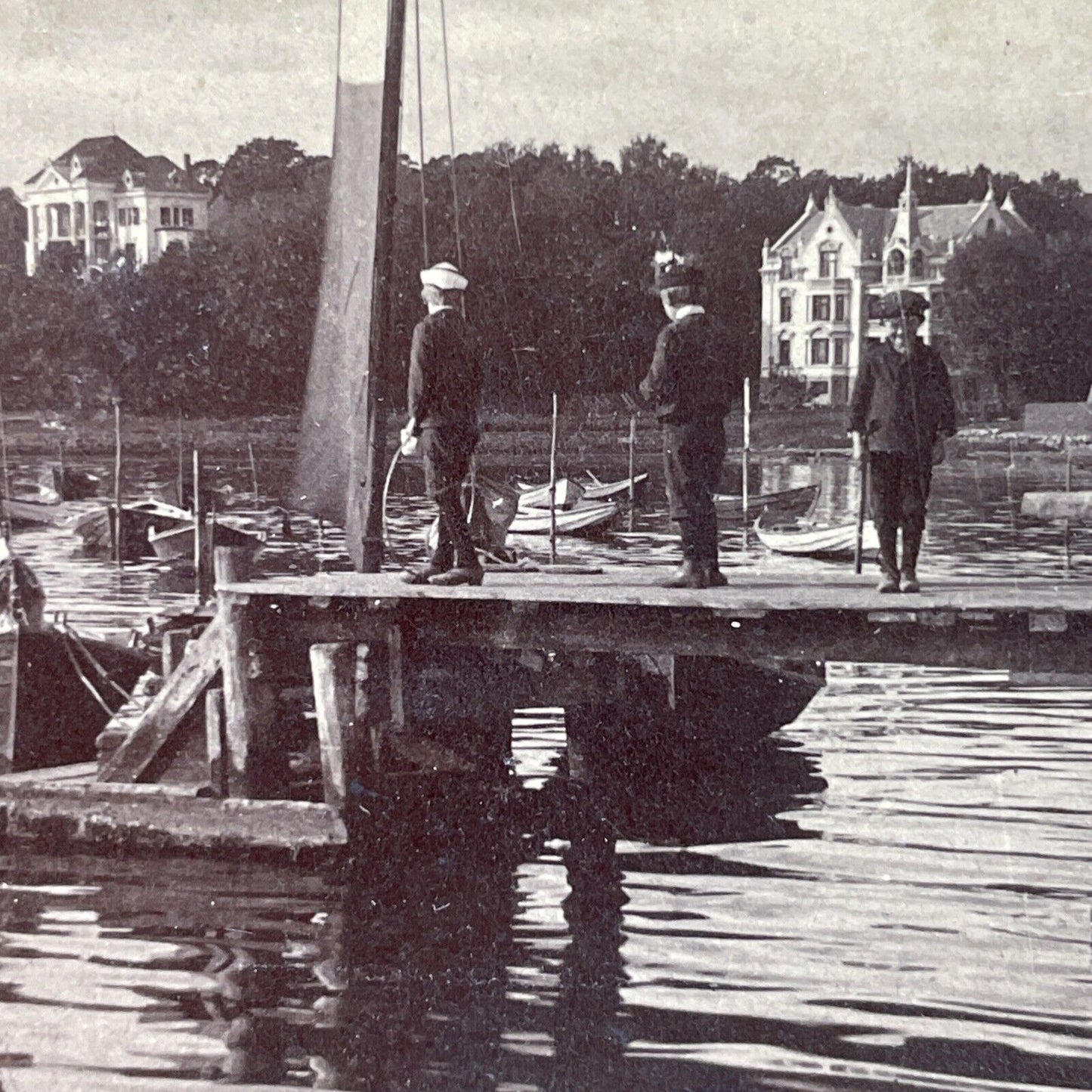 Antique 1897 Oslo Norway Pond & Sailboats Stereoview Photo Card P3922