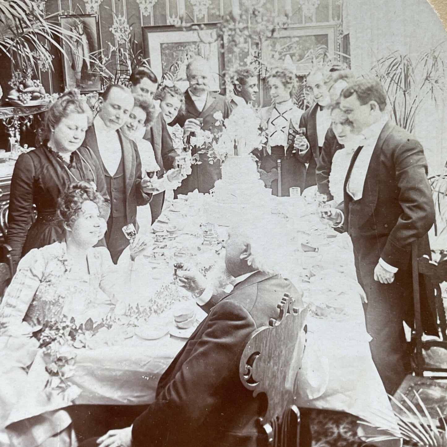 Antique 1901 A Large Wedding Feast After Marriage Stereoview Photo Card P2589