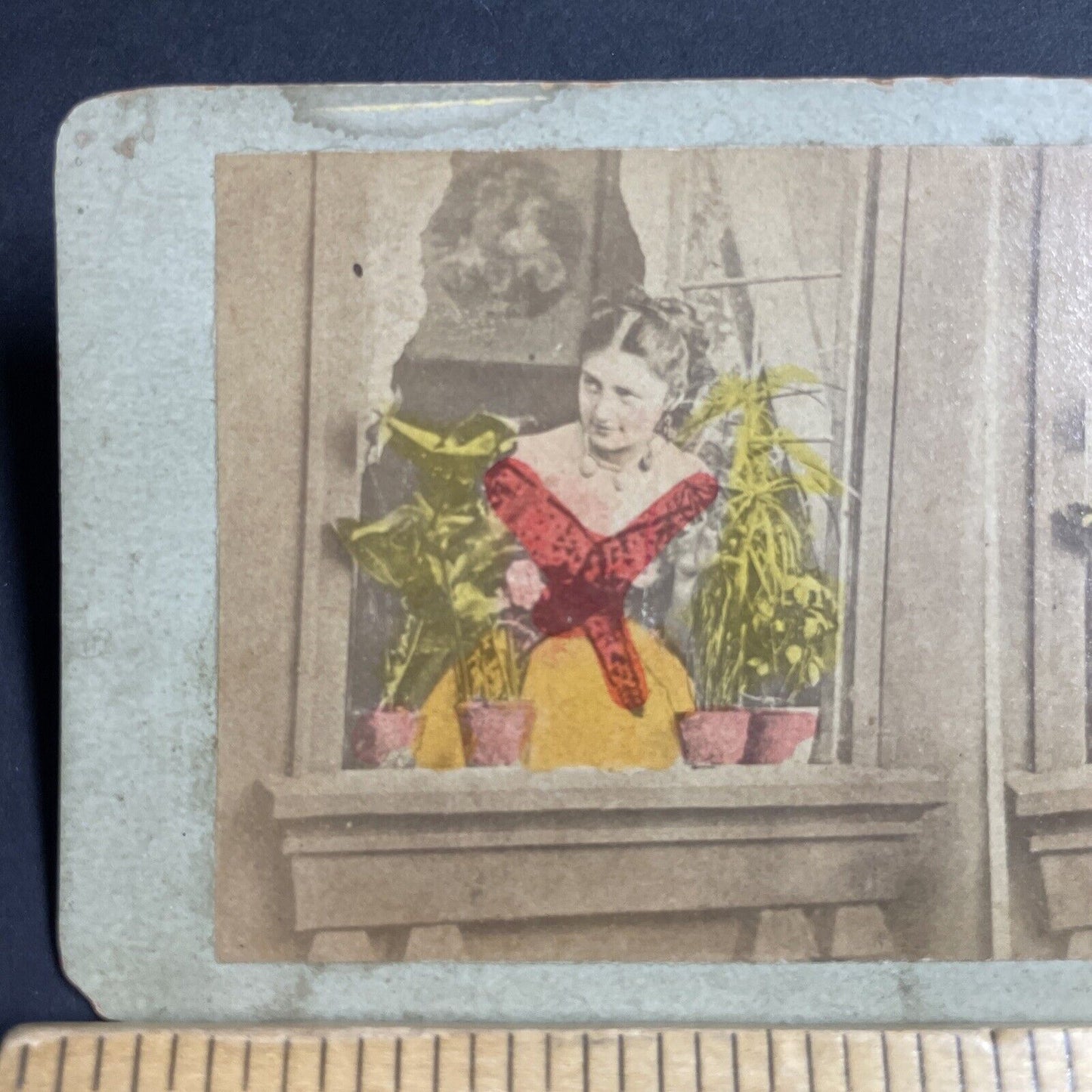 Antique 1850s Woman Awaits Her Lover At Window Stereoview Photo Card P4759