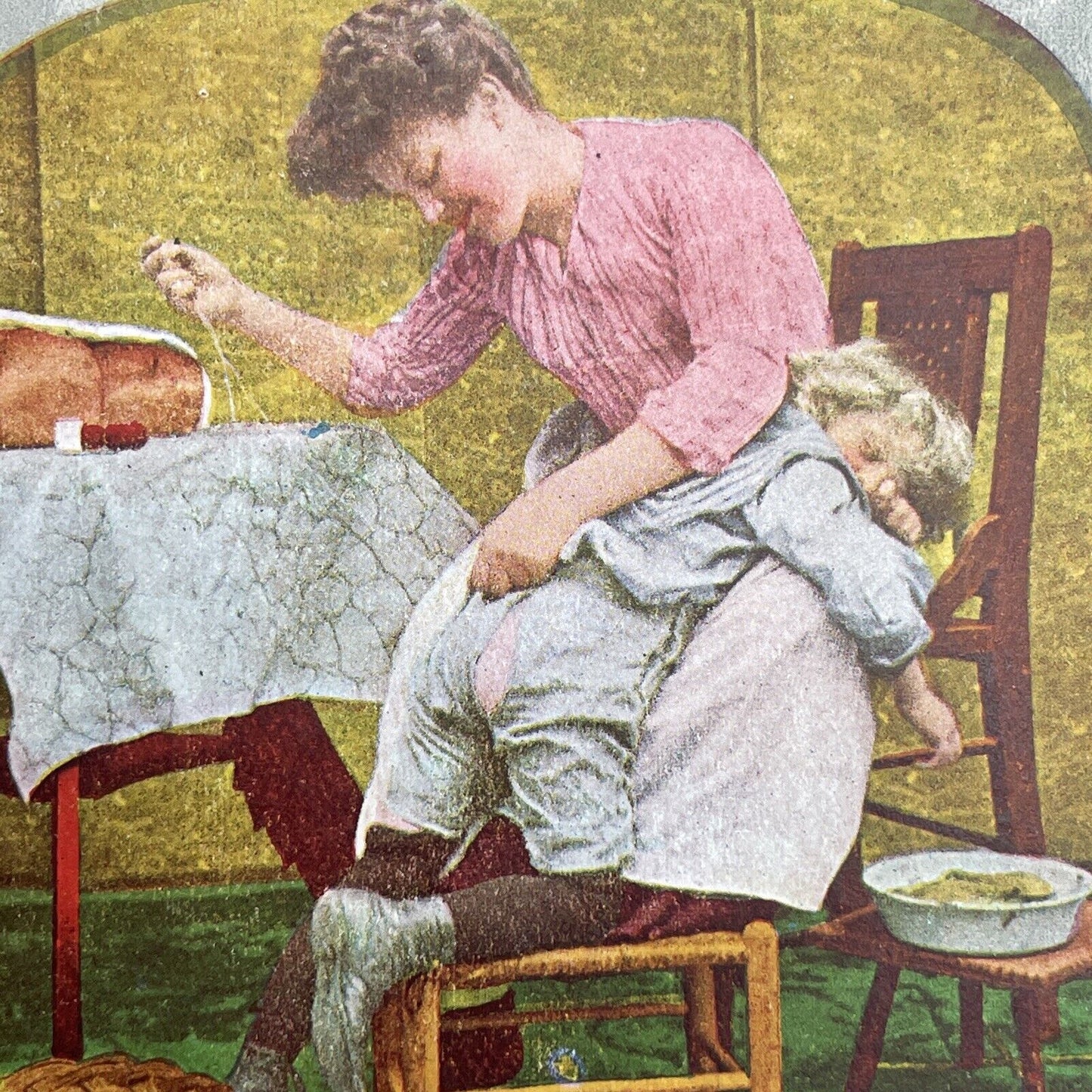 Antique 1892 Mother Sewing A Boy's Ripped Pants Stereoview Photo Card P1231