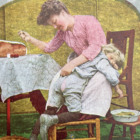 Antique 1892 Mother Sewing A Boy's Ripped Pants Stereoview Photo Card P1231