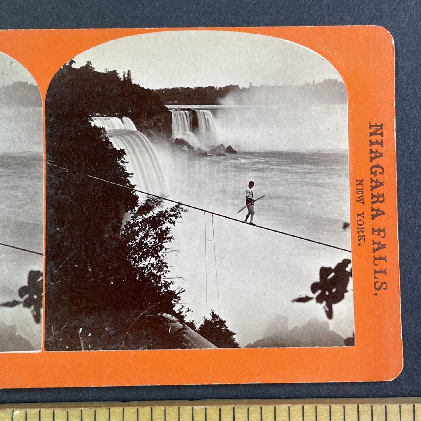 Henry Bellini First Tightrope Walk Niagara Falls Stereoview Antique c1873 Y2280