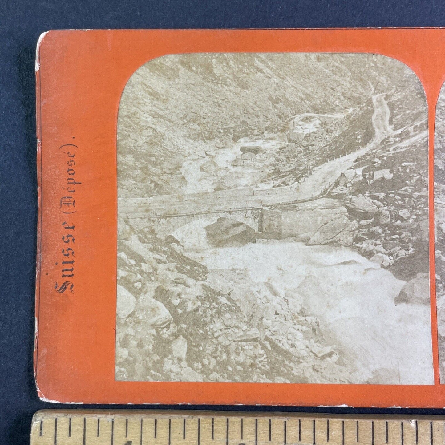 St. Gotthard Pass Switzerland Stereoview River & Bridge View Antique c1870 X3606